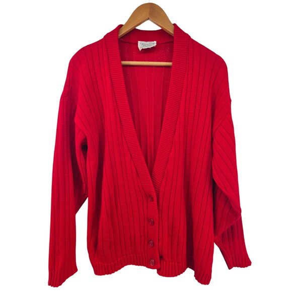 Vintage Red V-Neck Cardigan Sweater Ribbed Acrylic Knit USA Large Like New - Picture 1 of 5